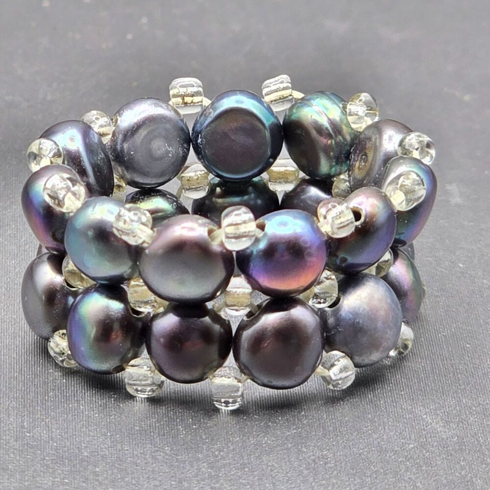 Peacock Pearl Stretch Ring Size 6–10 Glass Beads Spacers VTG Double Layered 12mm - Picture 5 of 9